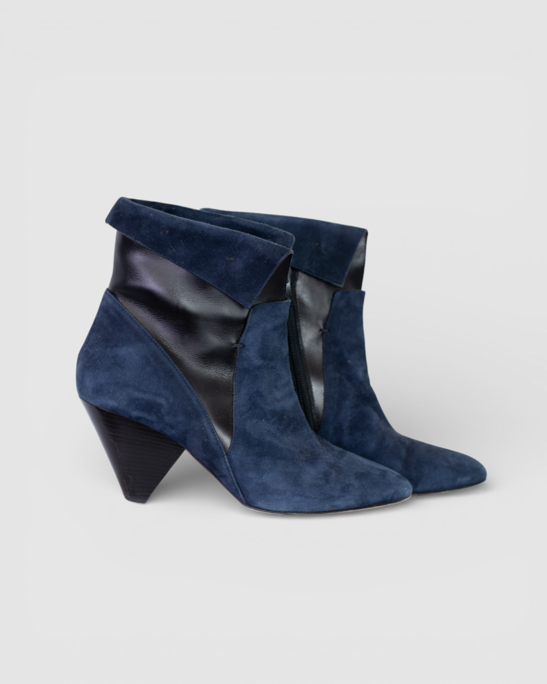 Veronica Beard Navy Suede & Black Leather Pointed Toe Fold-Over Ankle-High Heel Boots