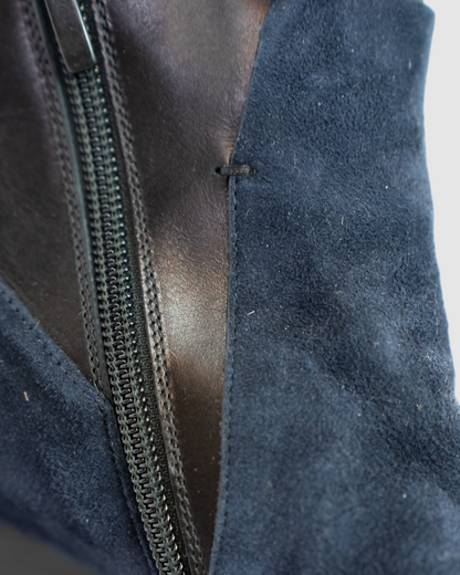 Veronica Beard Navy Suede & Black Leather Pointed Toe Fold-Over Ankle-High Heel Boots