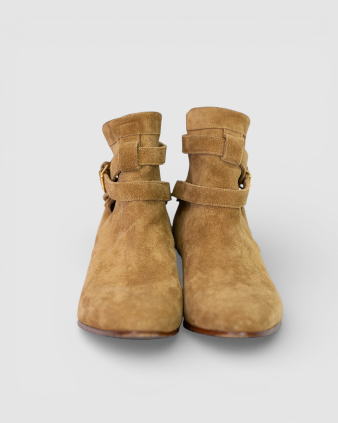 Saint Laurent Tan Suede Booties w/ X Strap Detail