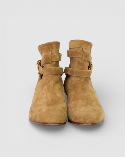 Saint Laurent Tan Suede Booties w/ X Strap Detail
