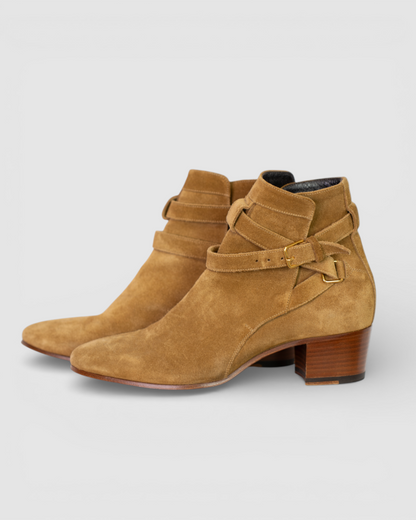 Saint Laurent Tan Suede Booties w/ X Strap Detail