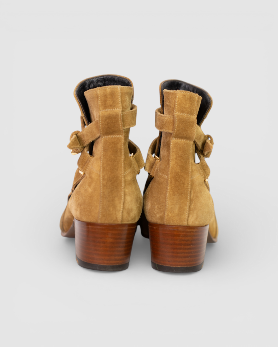Saint Laurent Tan Suede Booties w/ X Strap Detail