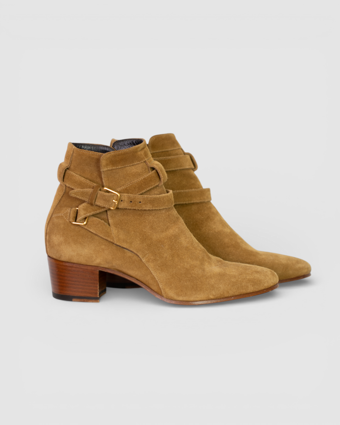 Saint Laurent Tan Suede Booties w/ X Strap Detail