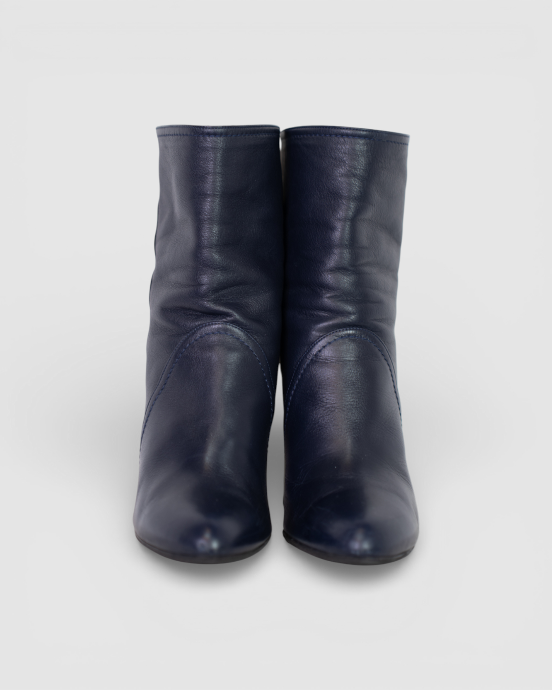 Christian Dior Navy Calfskin Almond Toe Silver Black Heel Booties