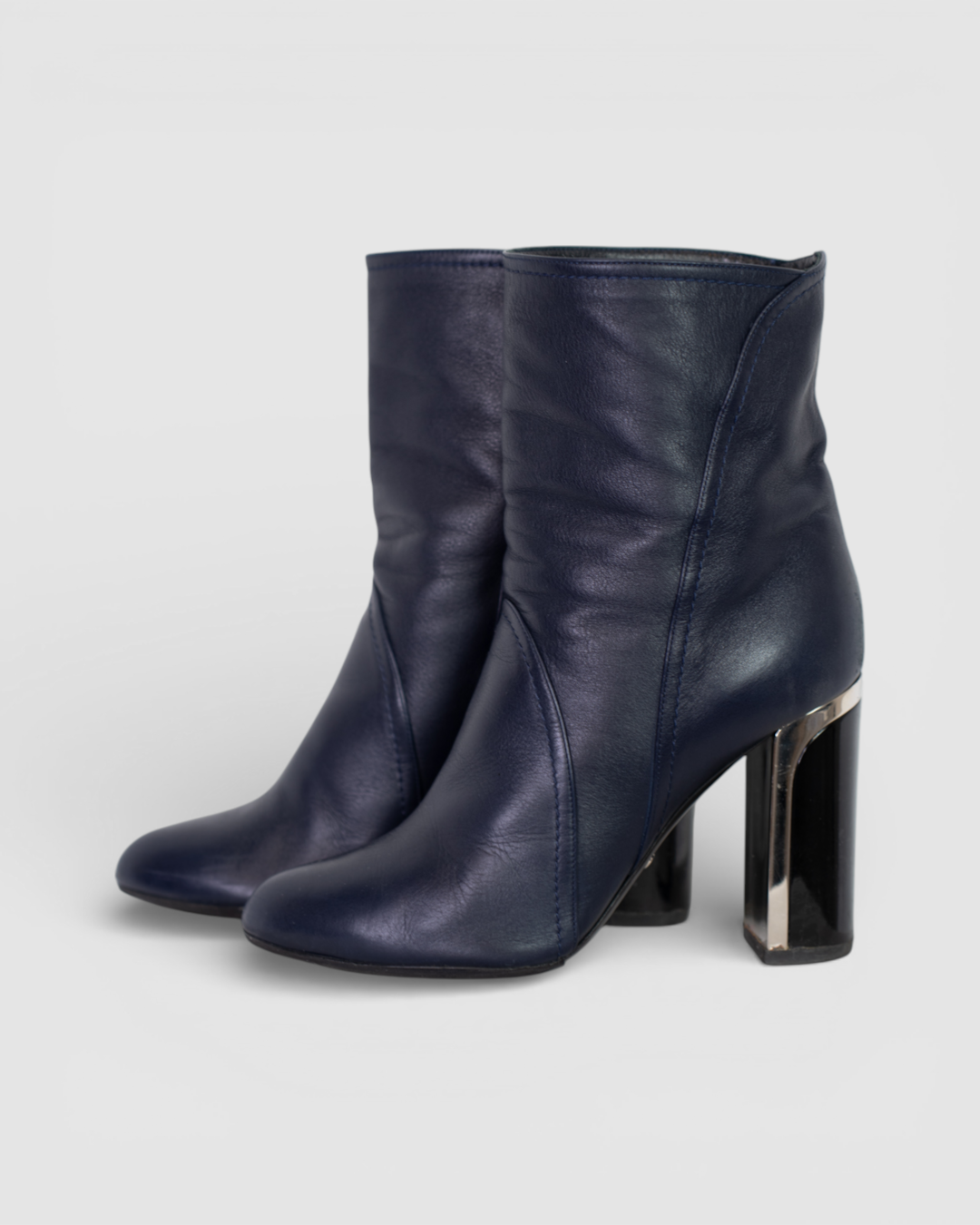 Christian Dior Navy Calfskin Almond Toe Silver Black Heel Booties