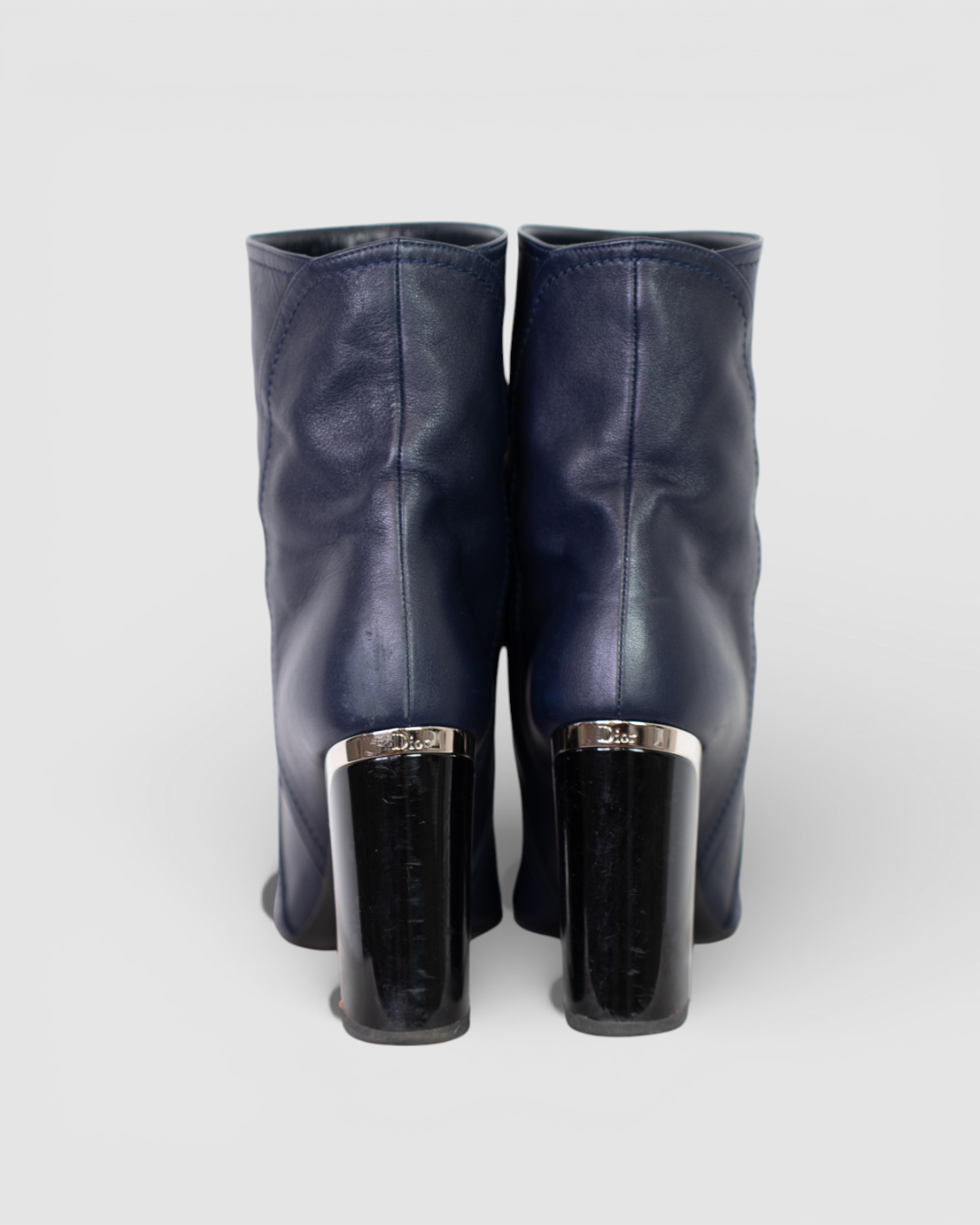 Christian Dior Navy Calfskin Almond Toe Silver Black Heel Booties
