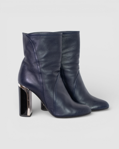 Christian Dior Navy Calfskin Almond Toe Silver Black Heel Booties