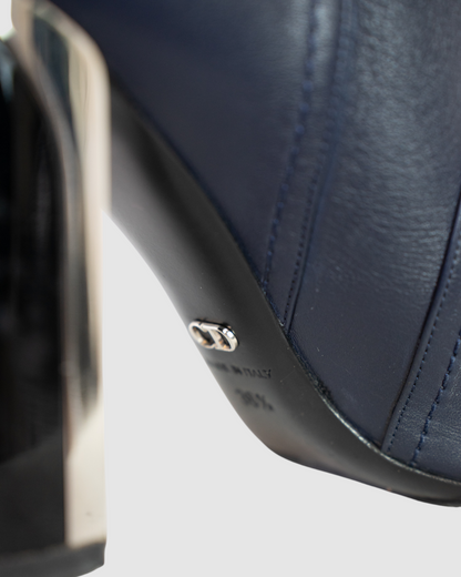 Christian Dior Navy Calfskin Almond Toe Silver Black Heel Booties