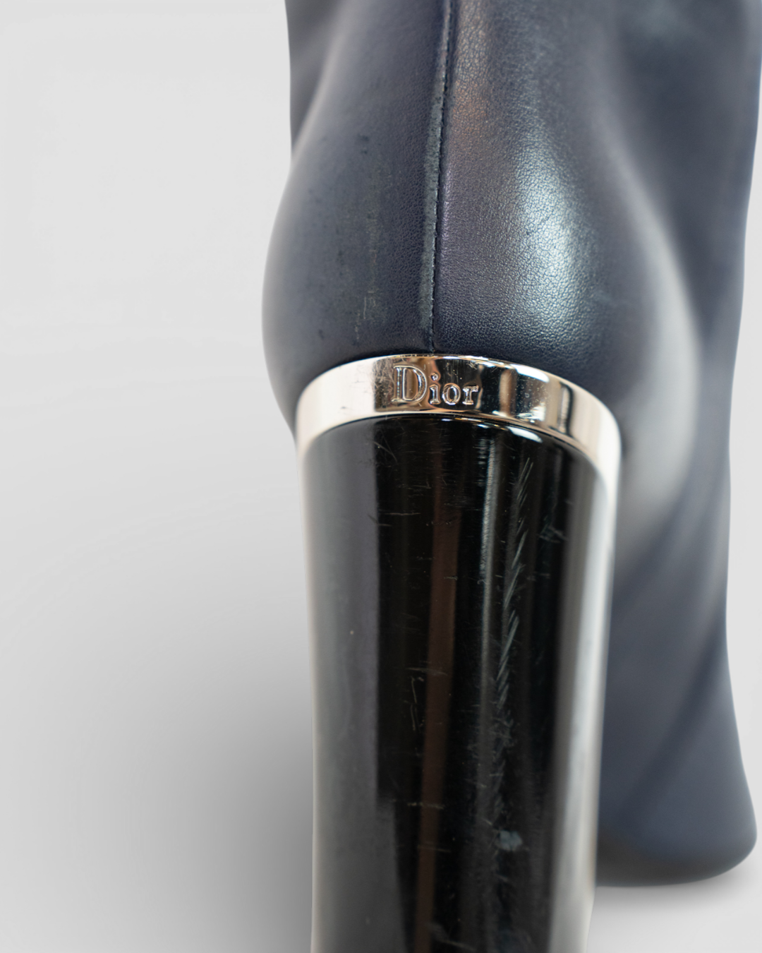 Christian Dior Navy Calfskin Almond Toe Silver Black Heel Booties