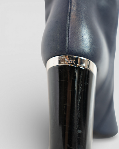 Christian Dior Navy Calfskin Almond Toe Silver Black Heel Booties