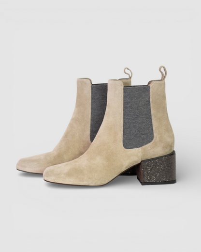 COMES W BOX - Brunello Cucinelli Light Grey/Sage Green Booties w/ Classic Beaded Heel Detail