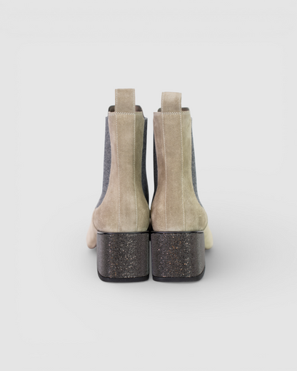 COMES W BOX - Brunello Cucinelli Light Grey/Sage Green Booties w/ Classic Beaded Heel Detail