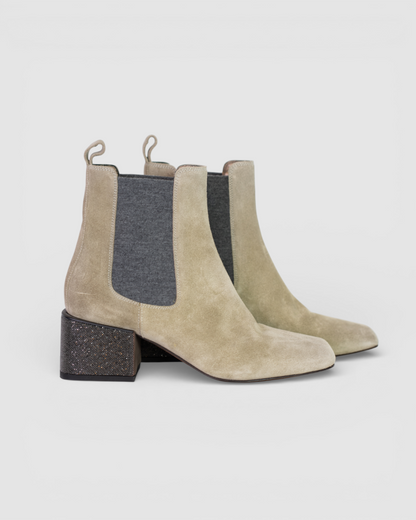 COMES W BOX - Brunello Cucinelli Light Grey/Sage Green Booties w/ Classic Beaded Heel Detail
