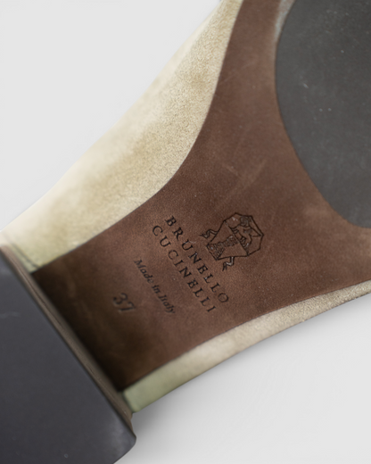 COMES W BOX - Brunello Cucinelli Light Grey/Sage Green Booties w/ Classic Beaded Heel Detail