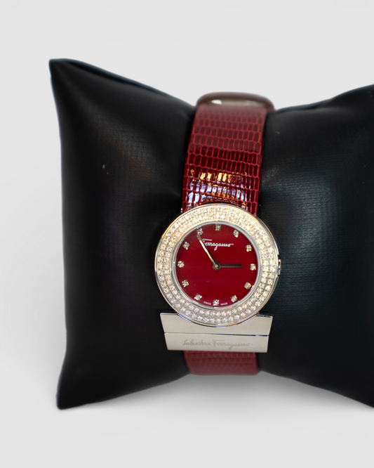 COMES WITH BOX - Salvatore Ferragamo Red Leather Watch w/ Diamonds