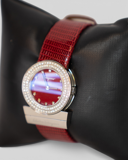 COMES WITH BOX - Salvatore Ferragamo Red Leather Watch w/ Diamonds
