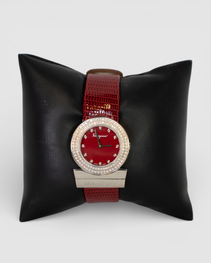 COMES WITH BOX - Salvatore Ferragamo Red Leather Watch w/ Diamonds