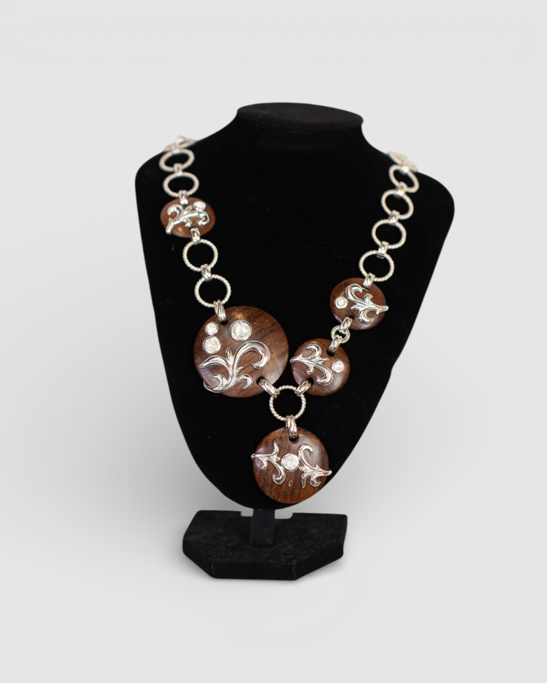 Dominique Auriemtis Brown Circular Wood Bead Necklace w/ Silver Toned Large Chain