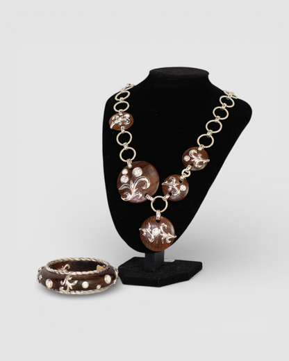 Dominique Auriemtis Brown Circular Wood Bead Necklace w/ Silver Toned Large Chain