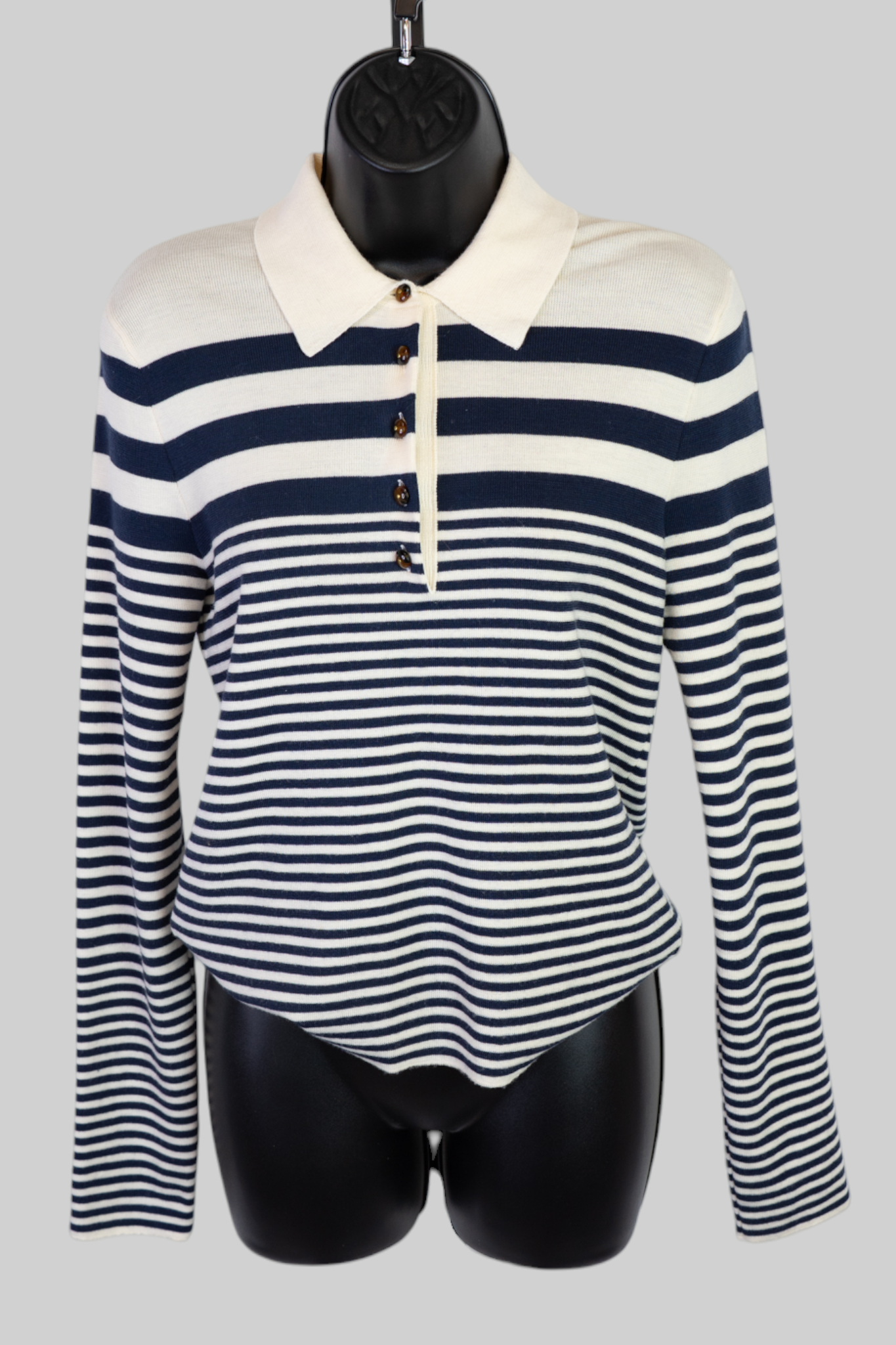 Veronica Beard Wool Cream Navy Stripe Collared Button Long Sleeve Sweater