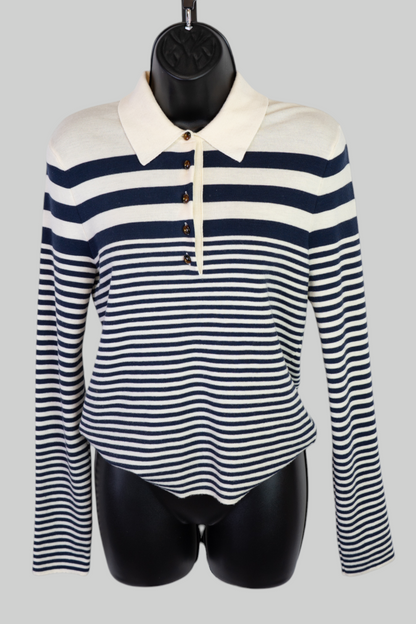 Veronica Beard Wool Cream Navy Stripe Collared Button Long Sleeve Sweater