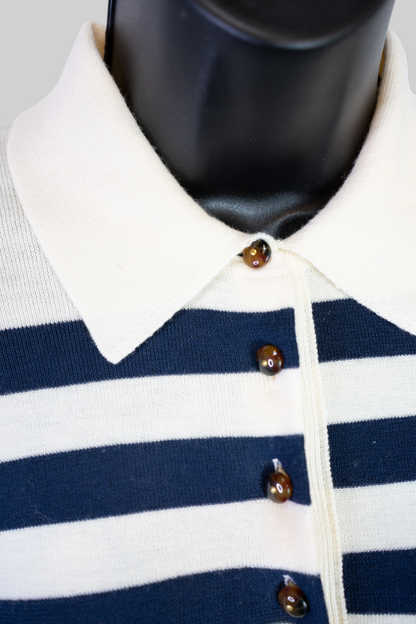Veronica Beard Wool Cream Navy Stripe Collared Button Long Sleeve Sweater