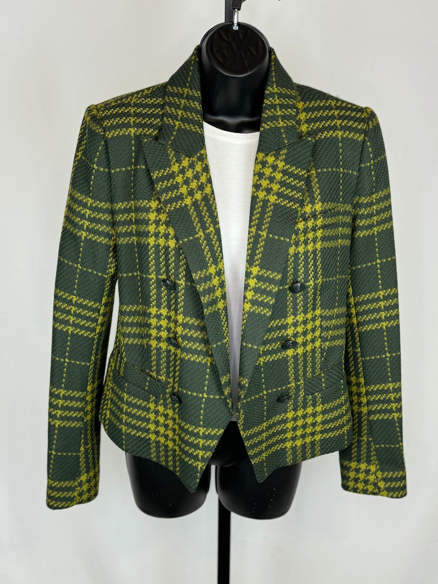 L'Agence Dark Green & Lime Green Plaid Open Faced Blazer NWT