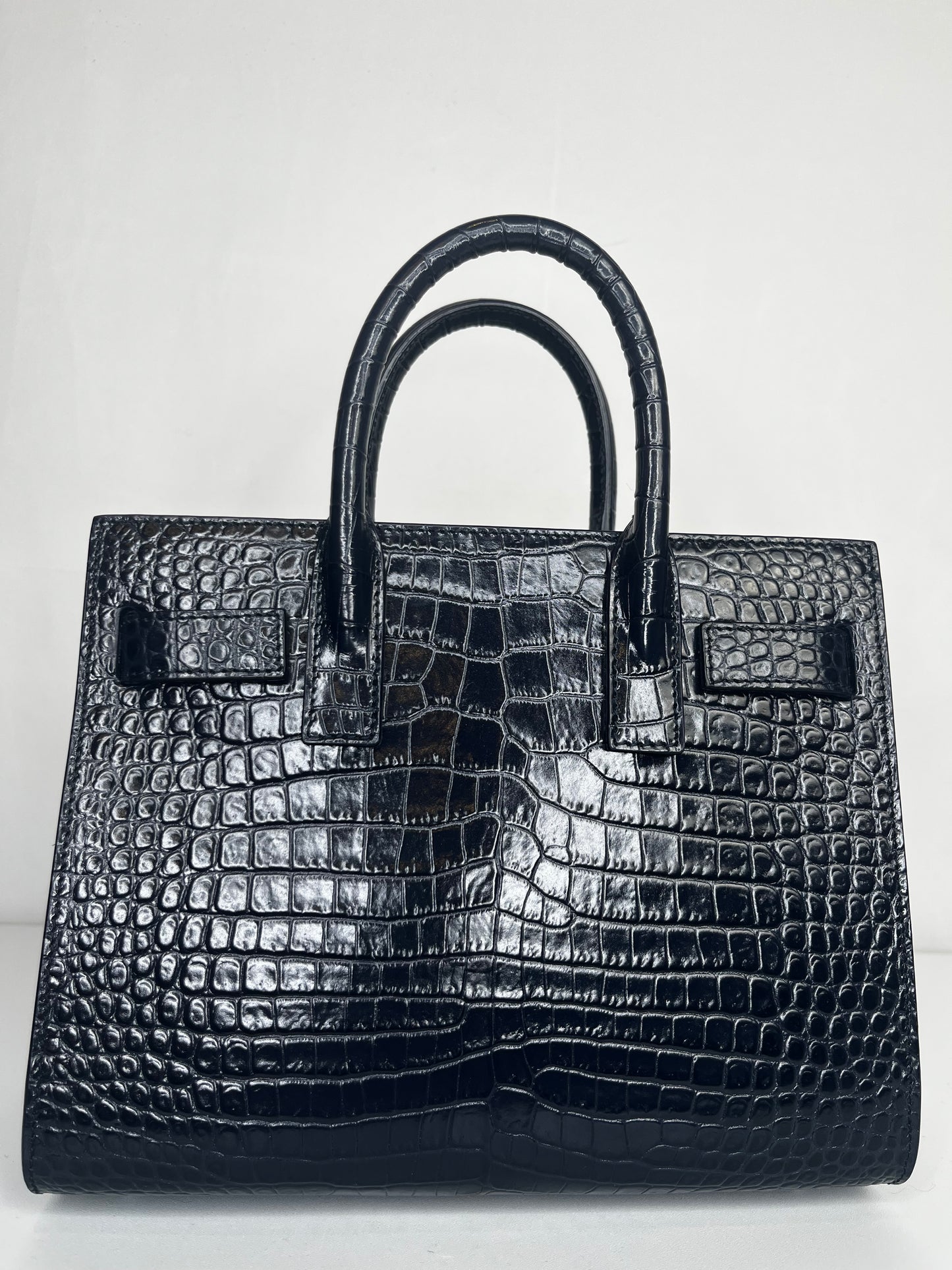 Saint Laurent Blue Croc Embossed Sac De Jour Top handle/Crossbody "Nano" Bag