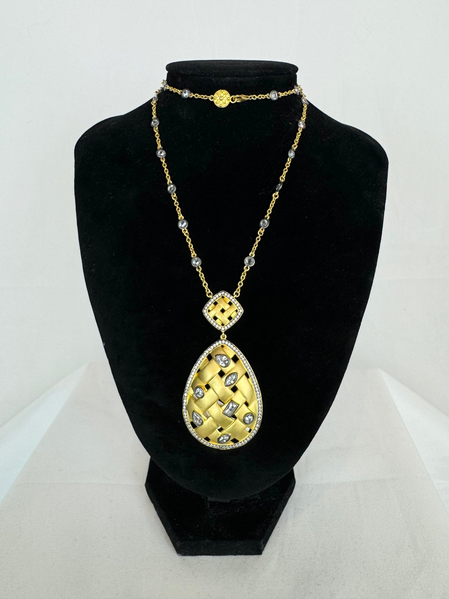 Freida Rothman Gold Woven 2 Tier Drop Pendant Necklace w Diamonds