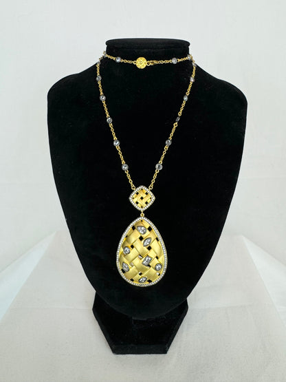 Freida Rothman Gold Woven 2 Tier Drop Pendant Necklace w Diamonds