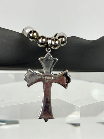 Veert Freshwater Pearl & 14K White Gold Rosary Cross Pendant w Green Zirconia Necklace