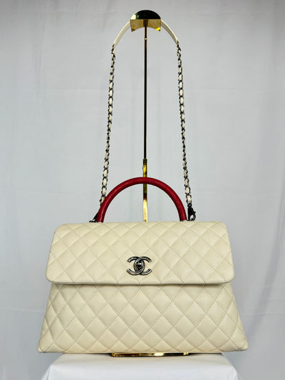 COMES WITH BOX - Chanel Cream Calfskin w/ Red Lizard Handle Coco Handle Flapbag Ruthenium