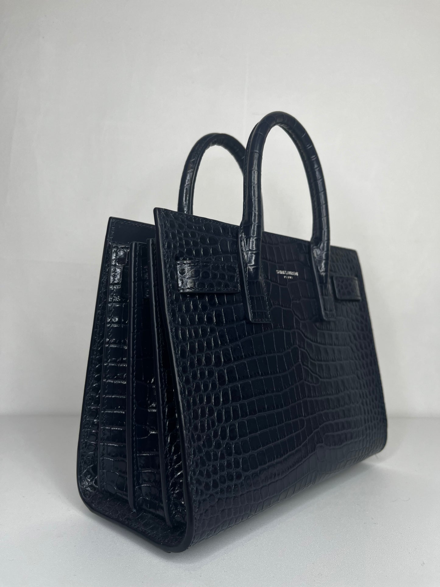 Saint Laurent Blue Croc Embossed Sac De Jour Top handle/Crossbody "Nano" Bag