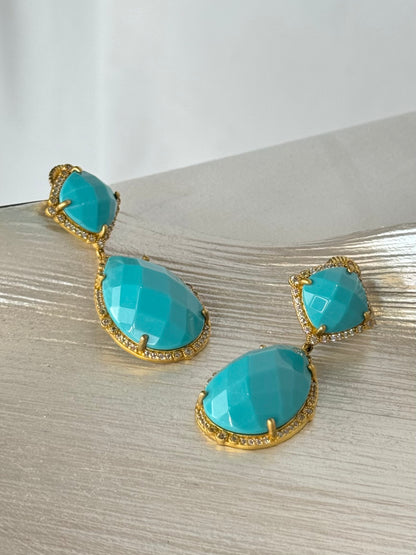 Freida Rothman Aqua 2 Tier Drop Earrings w Diamond & Gold Detail