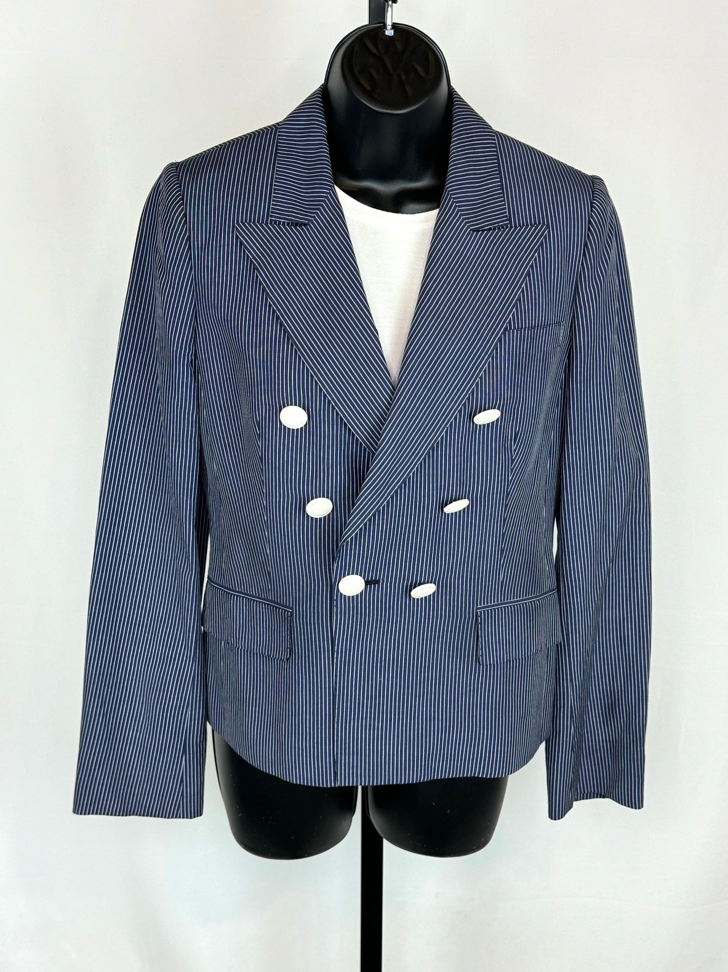 Kiton Blue w White Pinstripe Button Up Blazer w 2 Front Pockets
