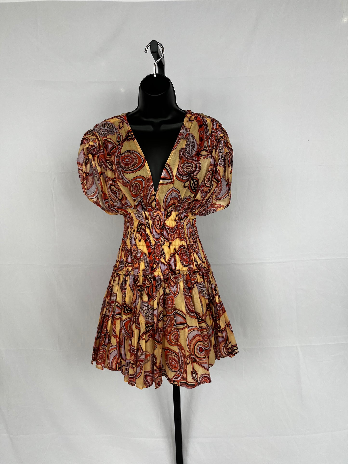 ALC Yellow & Orange Paisley Ruched Cap-Sleeve Smocked Mini Dress