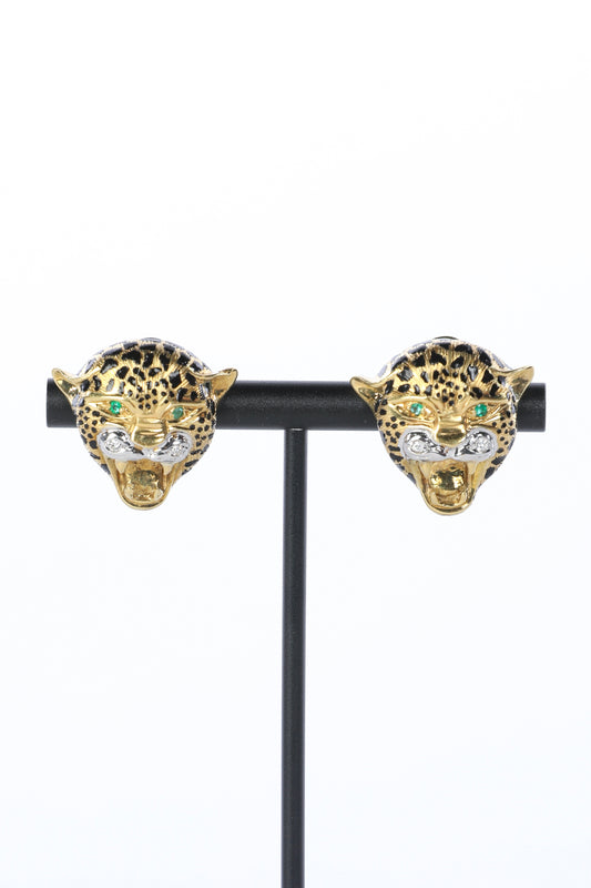 18K Yellow Gold Leopard Head Earrings with Pave Diamond Accents & Emerald Eyes