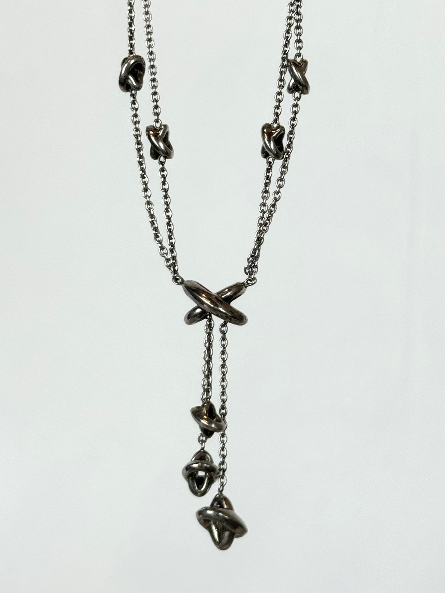 Movado Sterling Silver 2 Strand Knot Necklace w Triple Dangle