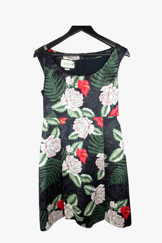 Gucci "Hawaiian Dream" Black w/ Red, White & Green Floral Pattern Dress NWT