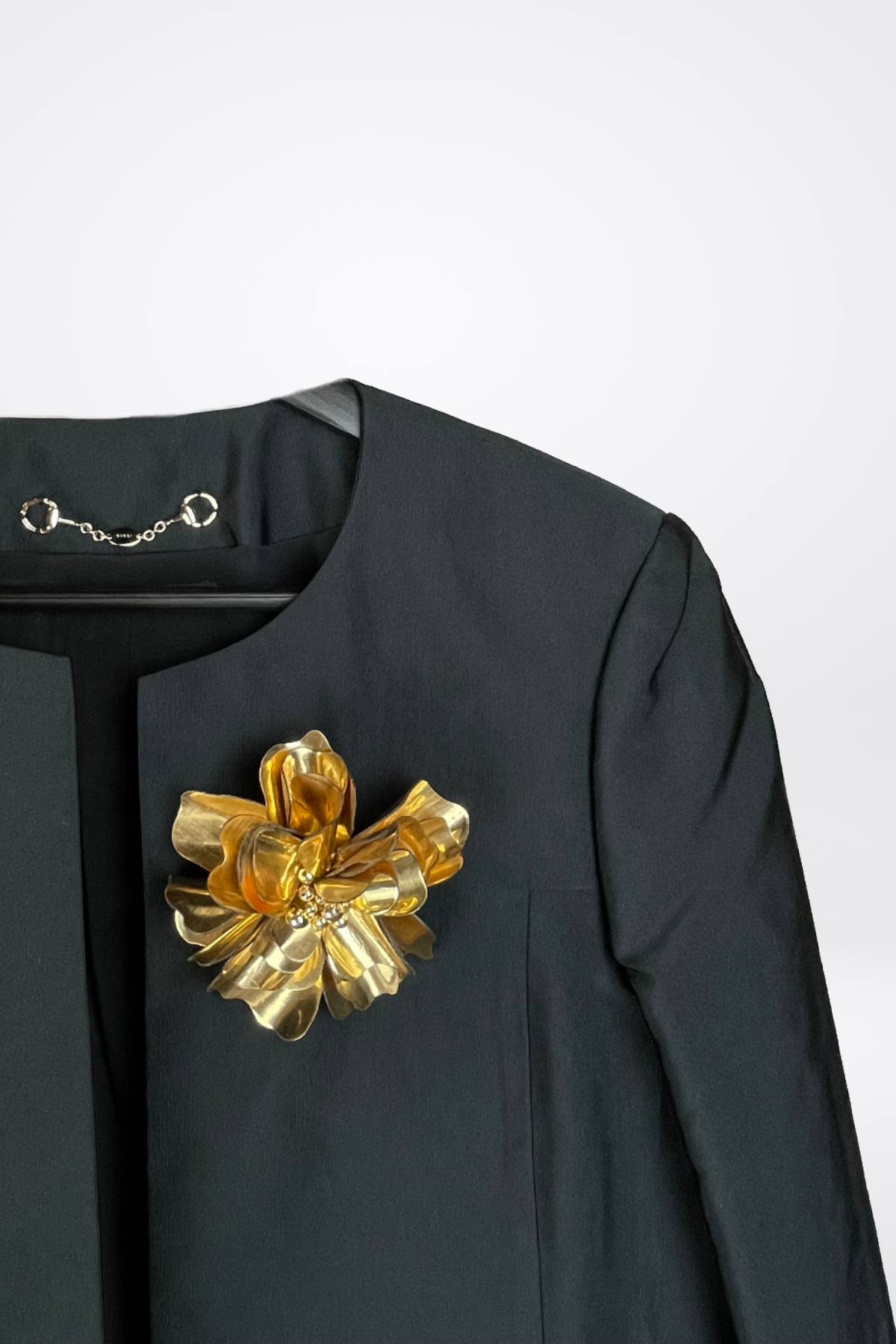 Gucci Cropped Collarless Jacket w/ Gold Metal Brooch