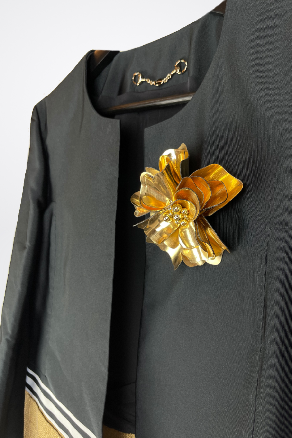 Gucci Cropped Collarless Jacket w/ Gold Metal Brooch
