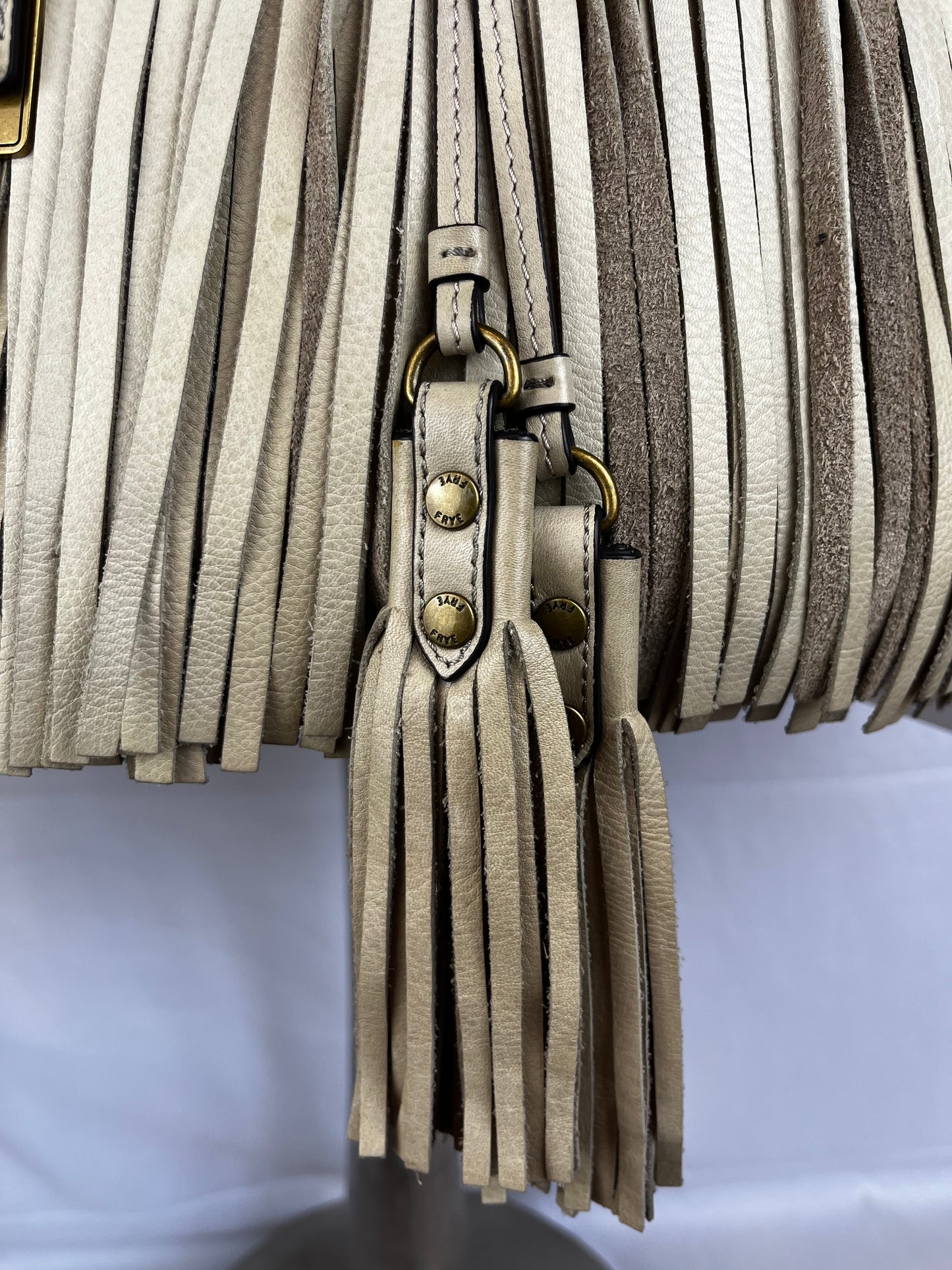 Frye Dusty Beige Leather Heidi Bucket Fringe Shoulder Bag w Tassels