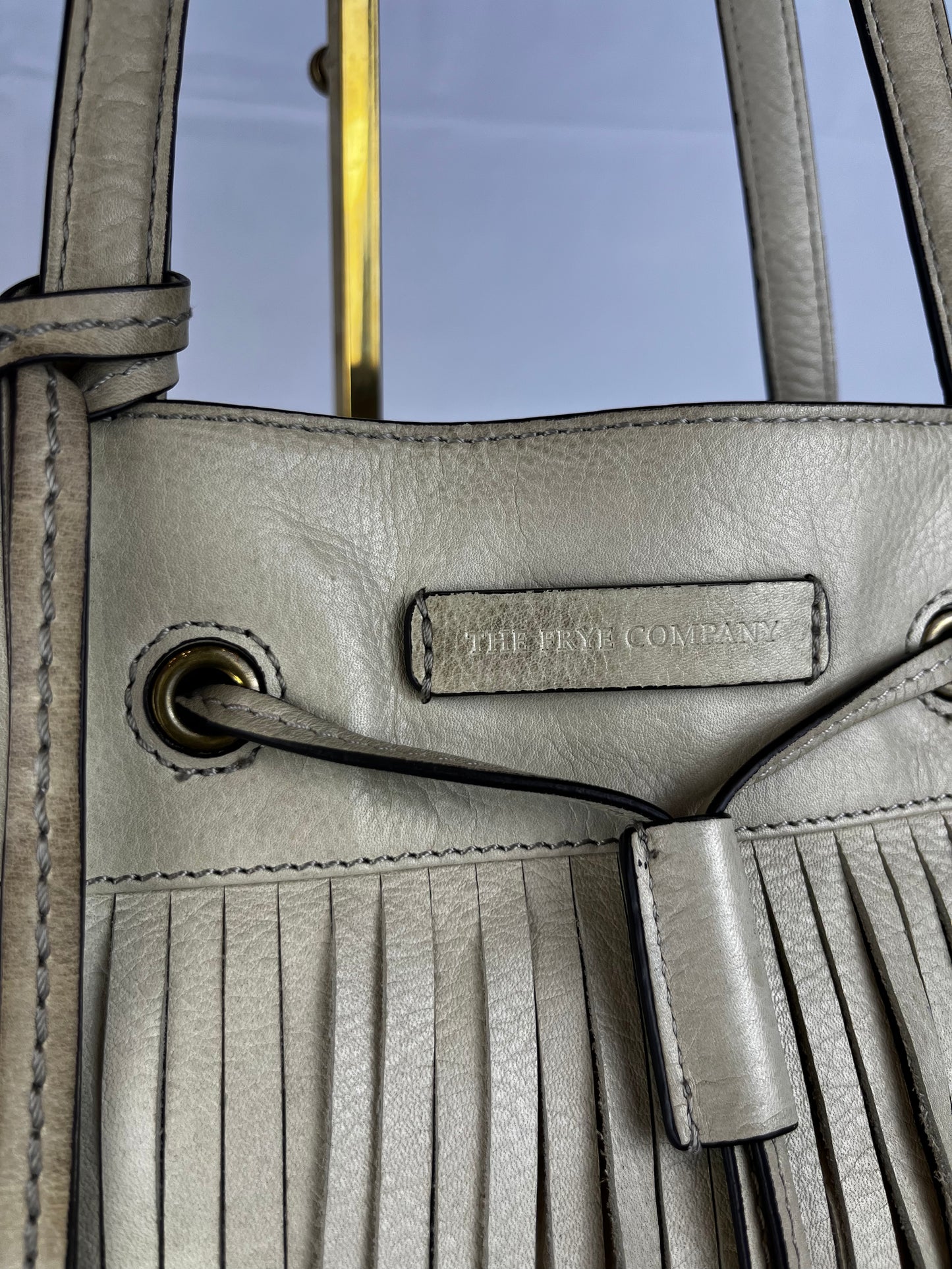Frye Dusty Beige Leather Heidi Bucket Fringe Shoulder Bag w Tassels