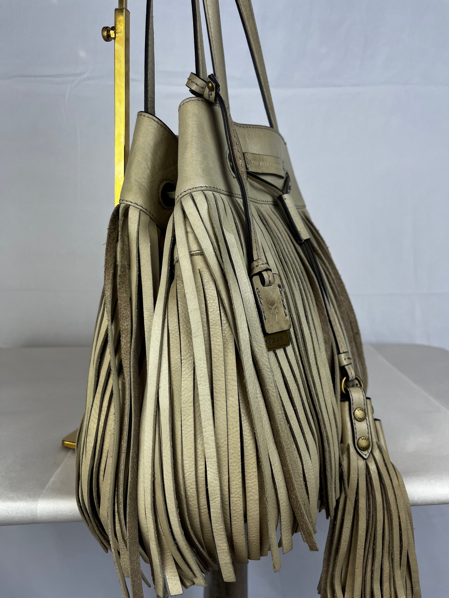 Frye Dusty Beige Leather Heidi Bucket Fringe Shoulder Bag w Tassels