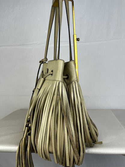Frye Dusty Beige Leather Heidi Bucket Fringe Shoulder Bag w Tassels