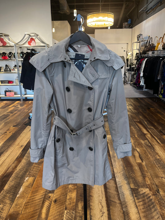Burberry Brit Khaki Double Breasted Button Down Trench Coat w/ Removable Hood