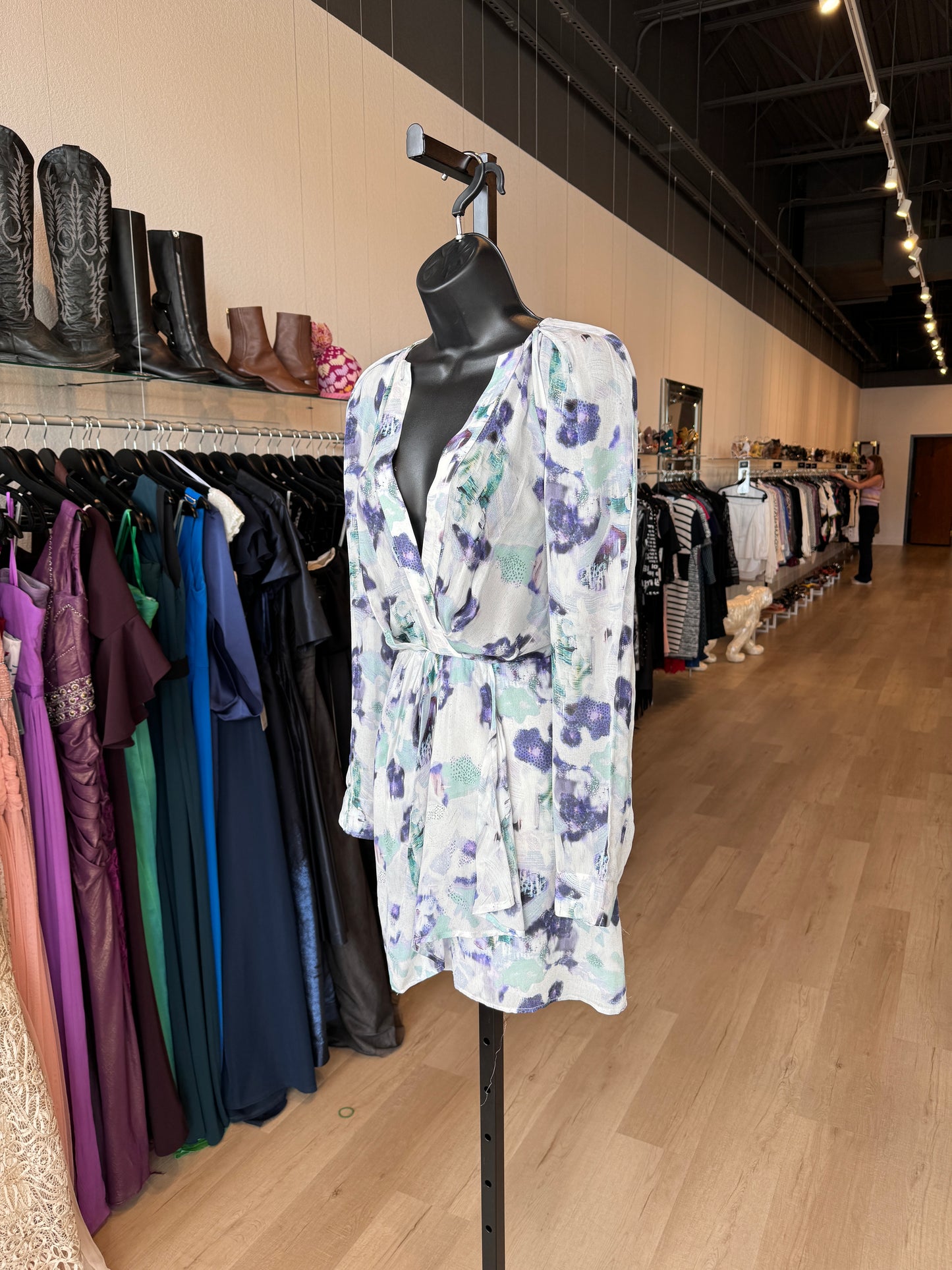 IRO Silk White/Purple/Green Abstract Print Long Sleeve Short Dress