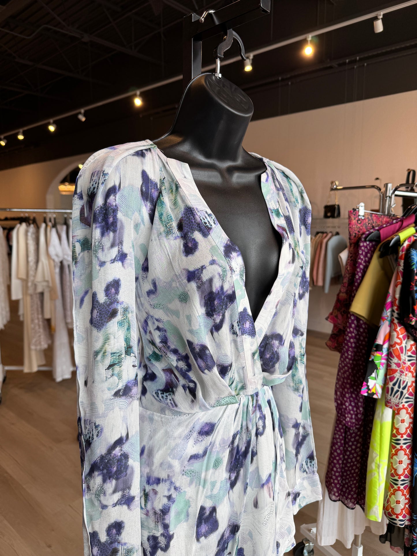 IRO Silk White/Purple/Green Abstract Print Long Sleeve Short Dress
