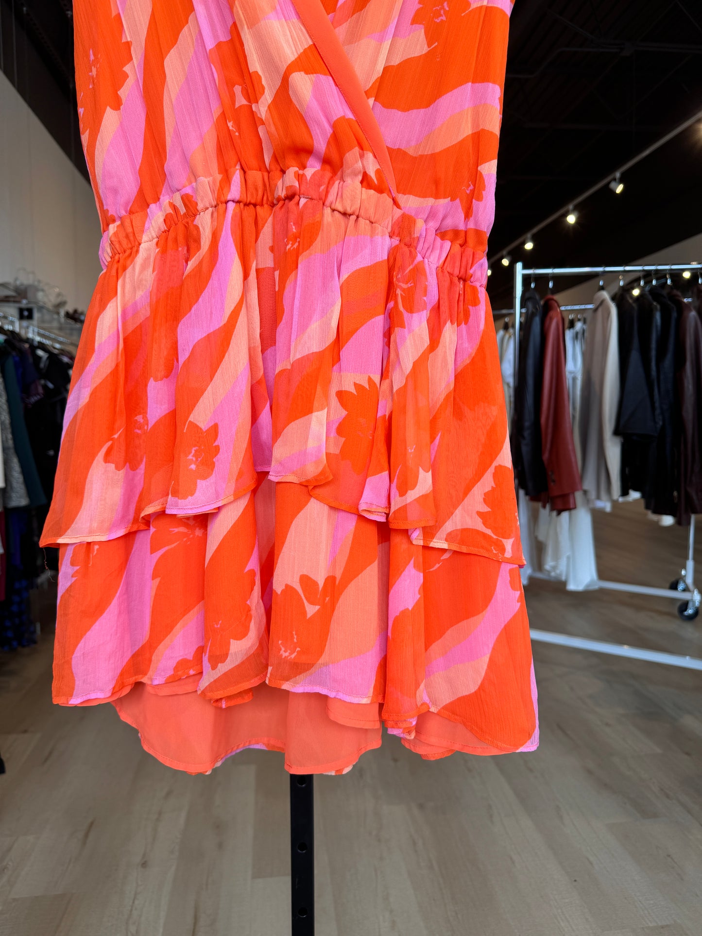 Ramy Brook Orange & Pink Abstract Design V-neck Sleeveless Dress NWT
