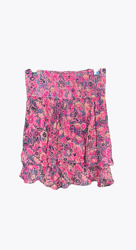 A.L.C. Silk Pink Floral Pattern w Gold Detail Two Tier Mini Skirt